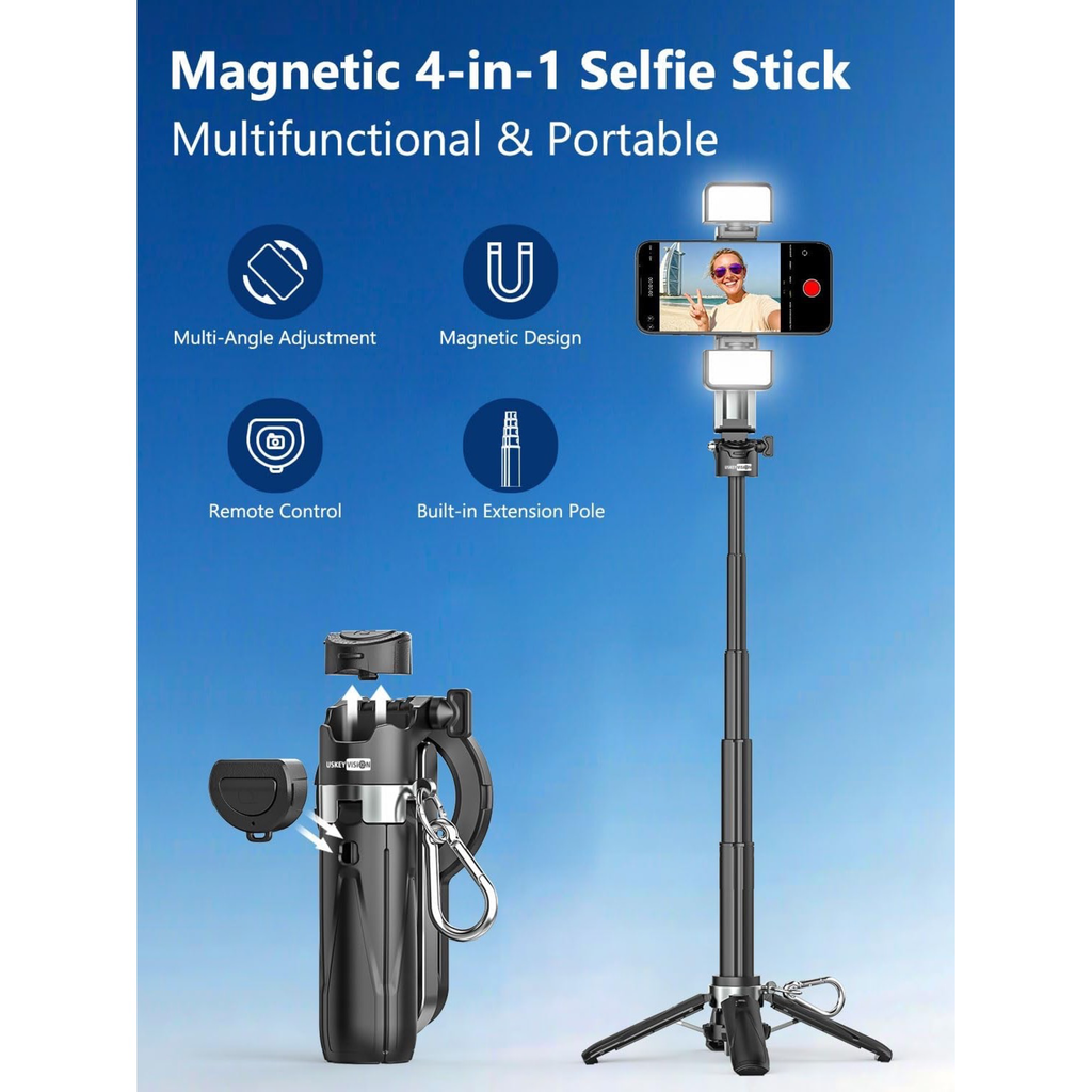 Magnetic Mini Selfie Stick for iPhone with Light (MPT-02) | 4 In 1 Portable Pocket Selfie Stick Tripod for Phone & Android with Rechargeable Remote, Removable Phone Clip