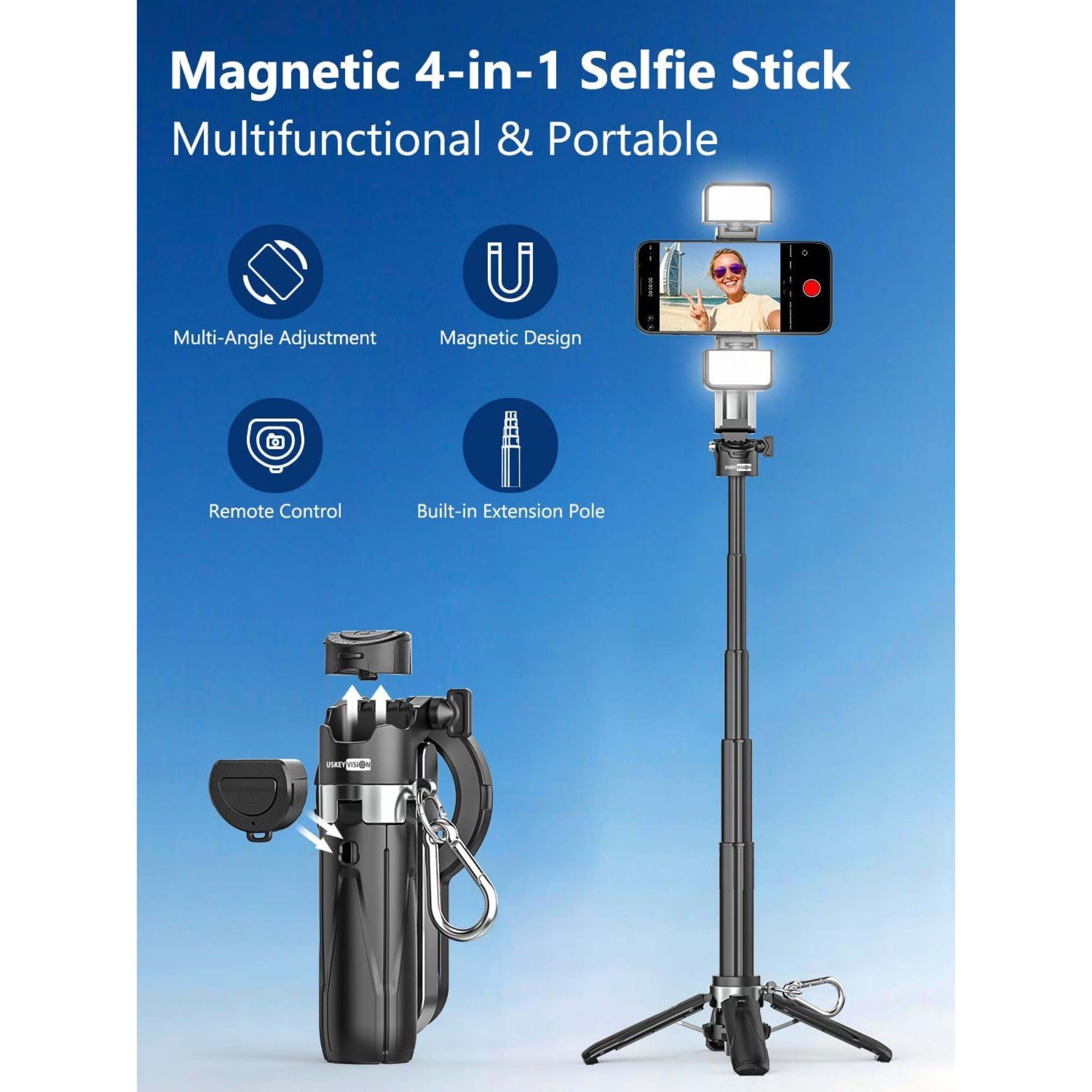 Magnetic Mini Selfie Stick for iPhone with Light (MPT-02) | 4 In 1 Portable Pocket Selfie Stick Tripod for Phone & Android with Rechargeable Remote, Removable Phone Clip