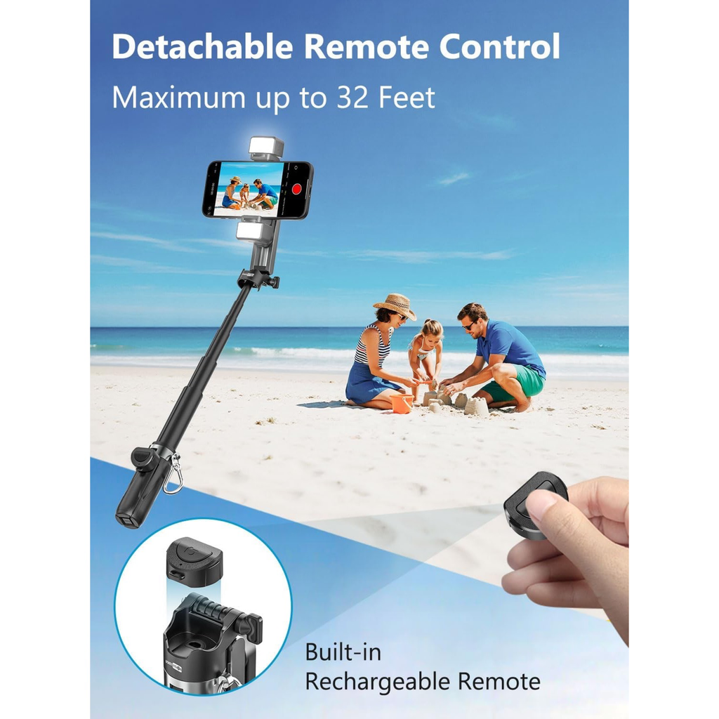Magnetic Mini Selfie Stick for iPhone with Light (MPT-02) | 4 In 1 Portable Pocket Selfie Stick Tripod for Phone & Android with Rechargeable Remote, Removable Phone Clip