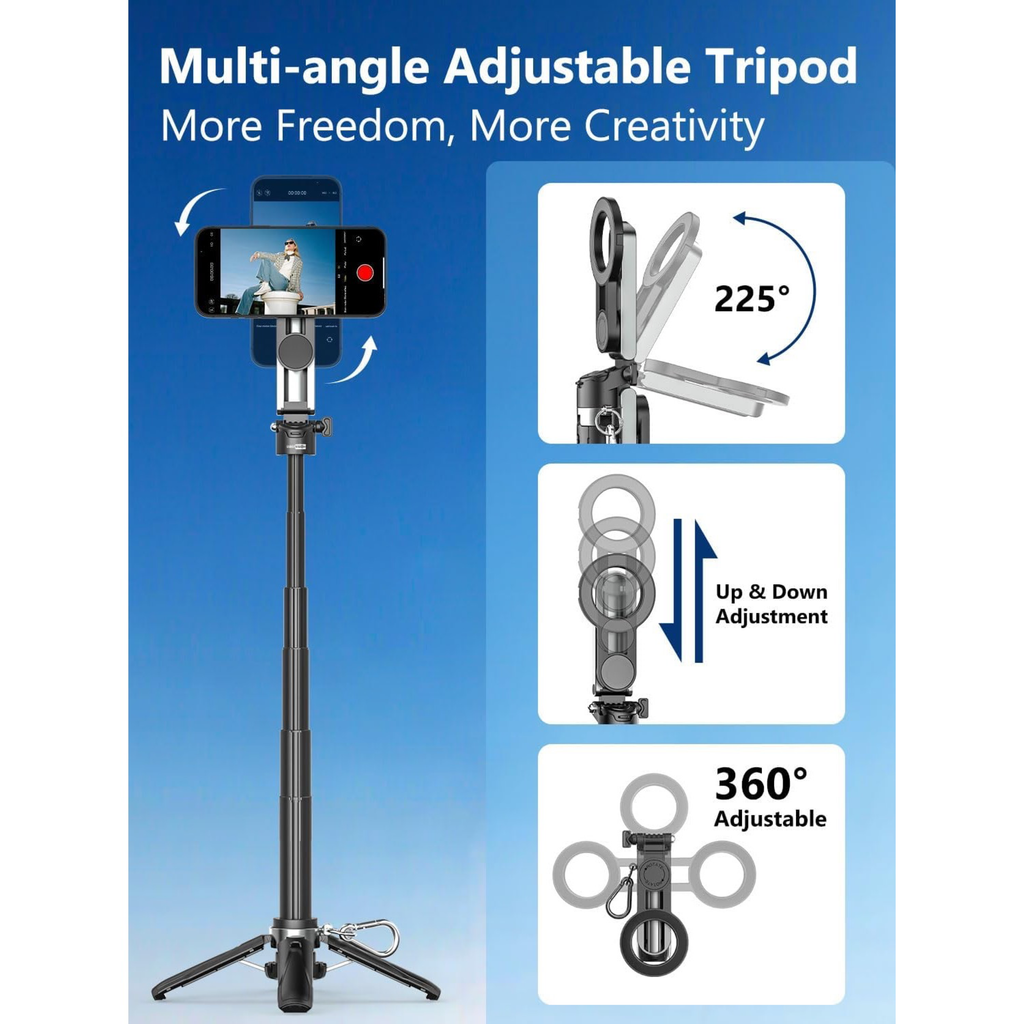 Magnetic Mini Selfie Stick for iPhone with Light (MPT-02) | 4 In 1 Portable Pocket Selfie Stick Tripod for Phone & Android with Rechargeable Remote, Removable Phone Clip