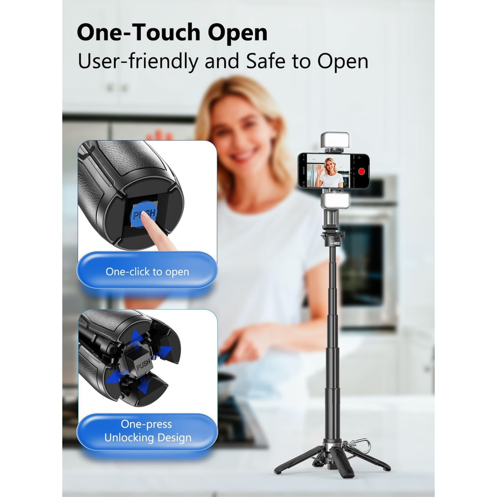 Magnetic Mini Selfie Stick for iPhone with Light (MPT-02) | 4 In 1 Portable Pocket Selfie Stick Tripod for Phone & Android with Rechargeable Remote, Removable Phone Clip