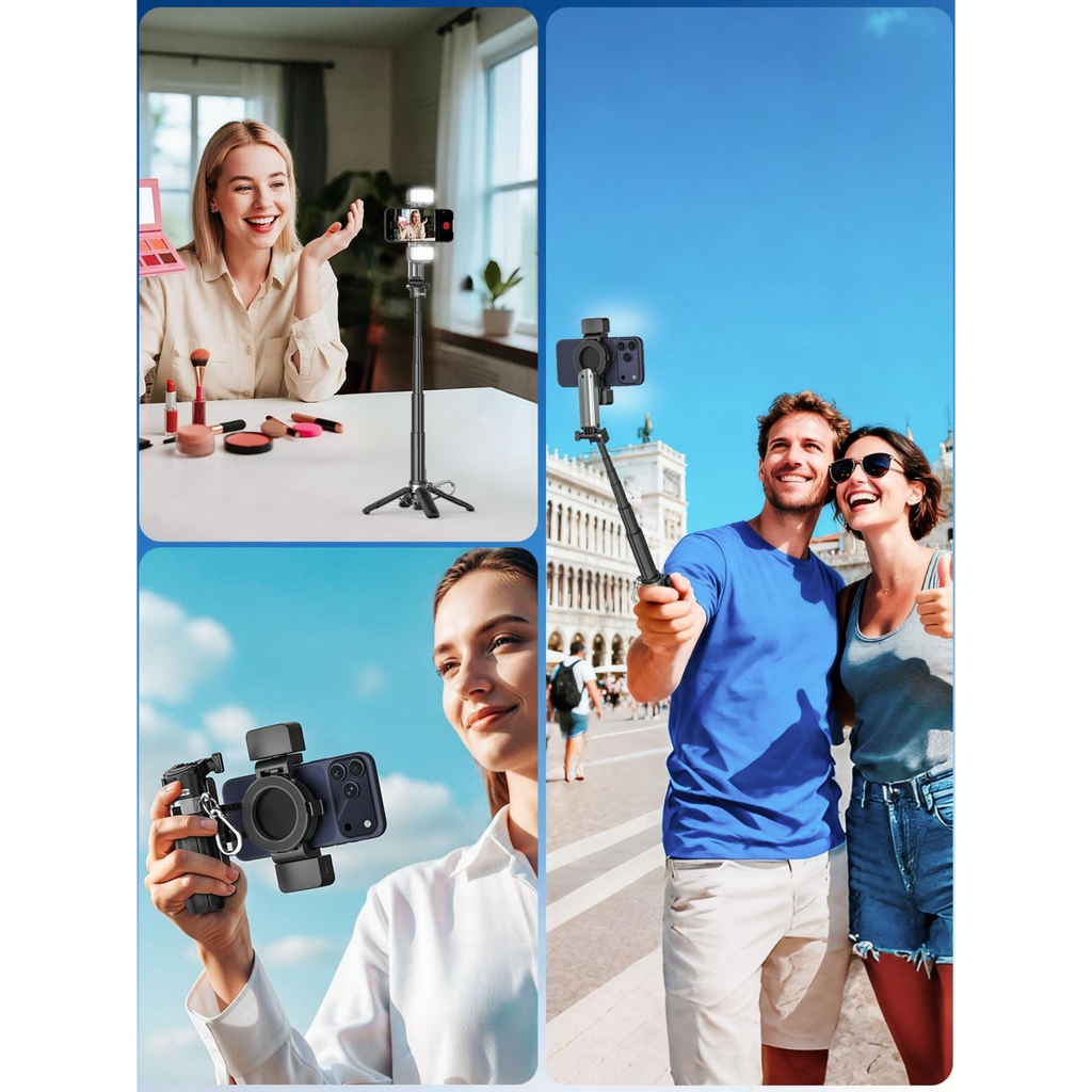 Magnetic Mini Selfie Stick for iPhone with Light (MPT-02) | 4 In 1 Portable Pocket Selfie Stick Tripod for Phone & Android with Rechargeable Remote, Removable Phone Clip