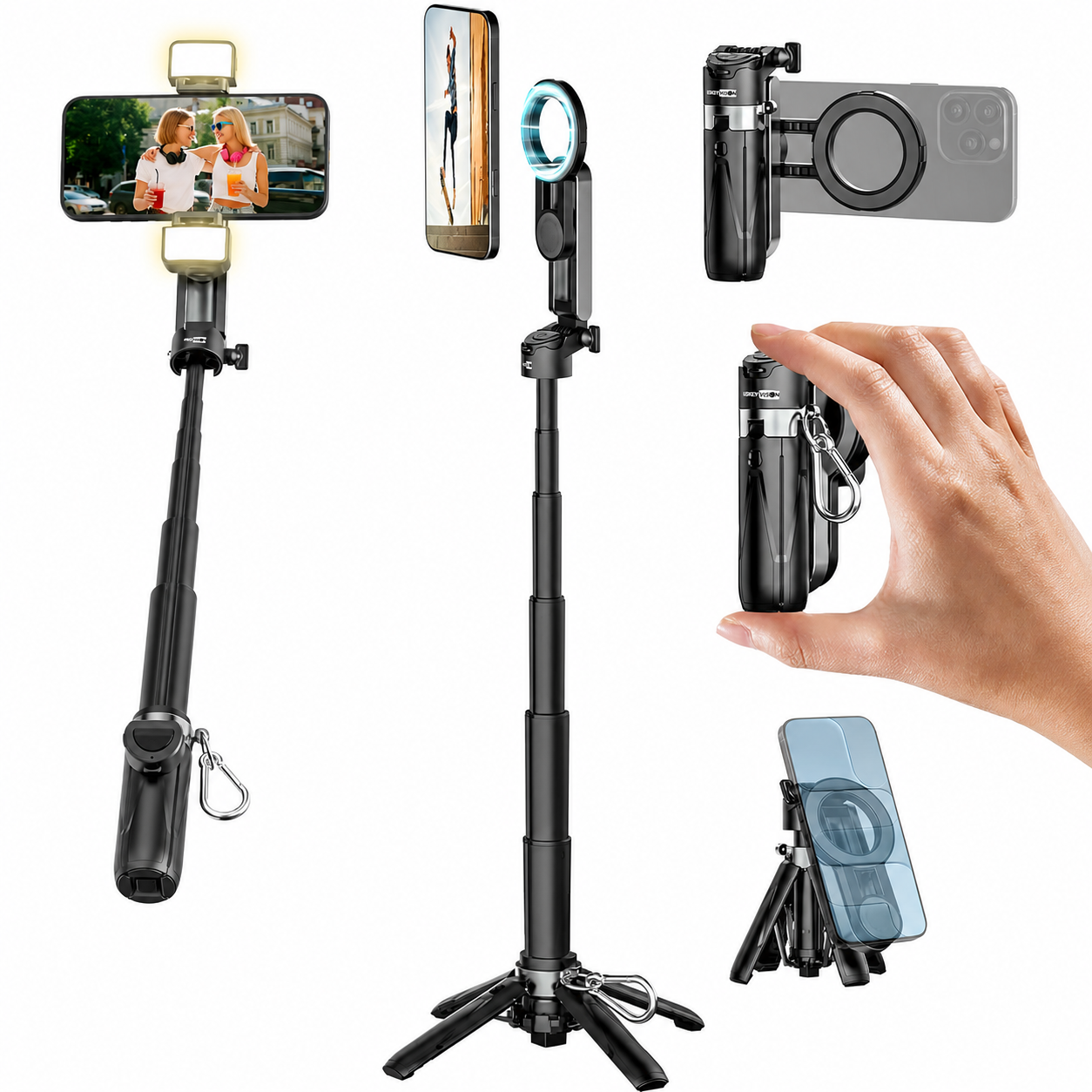 Magnetic Mini Selfie Stick for iPhone with Light (MPT-02) | 4 In 1 Portable Pocket Selfie Stick Tripod for Phone & Android with Rechargeable Remote, Removable Phone Clip