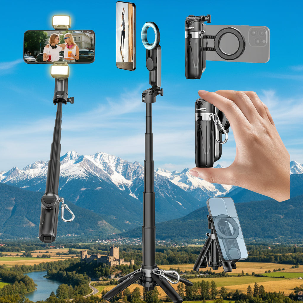 Magnetic Mini Selfie Stick for iPhone with Light (MPT-02) | 4 In 1 Portable Pocket Selfie Stick Tripod for Phone & Android with Rechargeable Remote, Removable Phone Clip