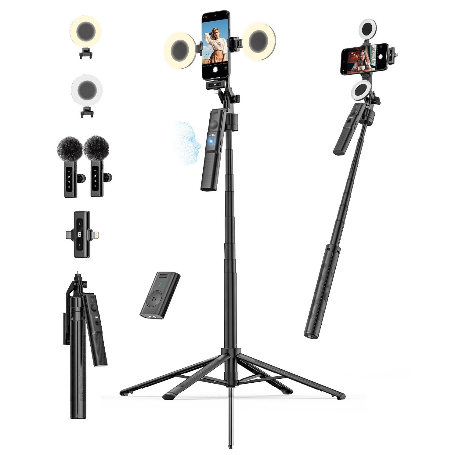 Black selfie stick kit with a telescoping tripod base, smartphone mount, ring light, two microphone attachments, a remote control, and a folded stand, shown on a plain white background.